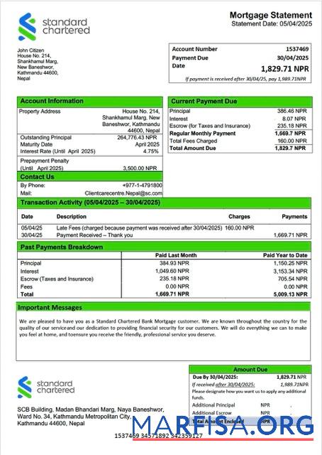 Realistic Nepal Standard Chartered Bank mortgage statement Word and PDF template